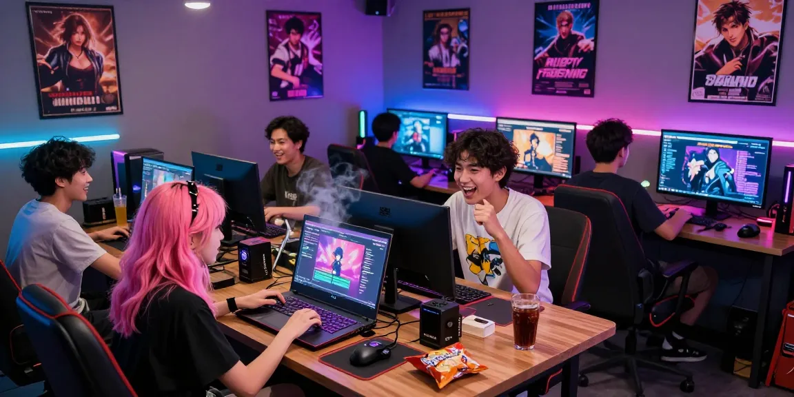 Exciting gaming lounge scene showcasing players enjoying lewdspot adult visual novels in a vibrant, colorful environment.