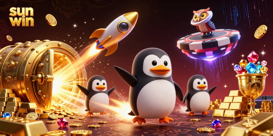 Experience thrilling wins at sun win with 3D cartoon penguins and casino treasures in a vibrant atmosphere.
