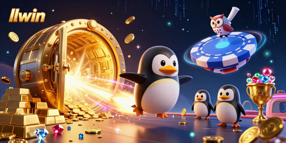 Experience llwin's vibrant gaming adventure with a golden penguin and treasure vault in space.