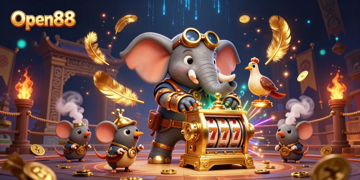 Engage with Open88's thrilling slot experience, featuring a steampunk elephant and dynamic elements.