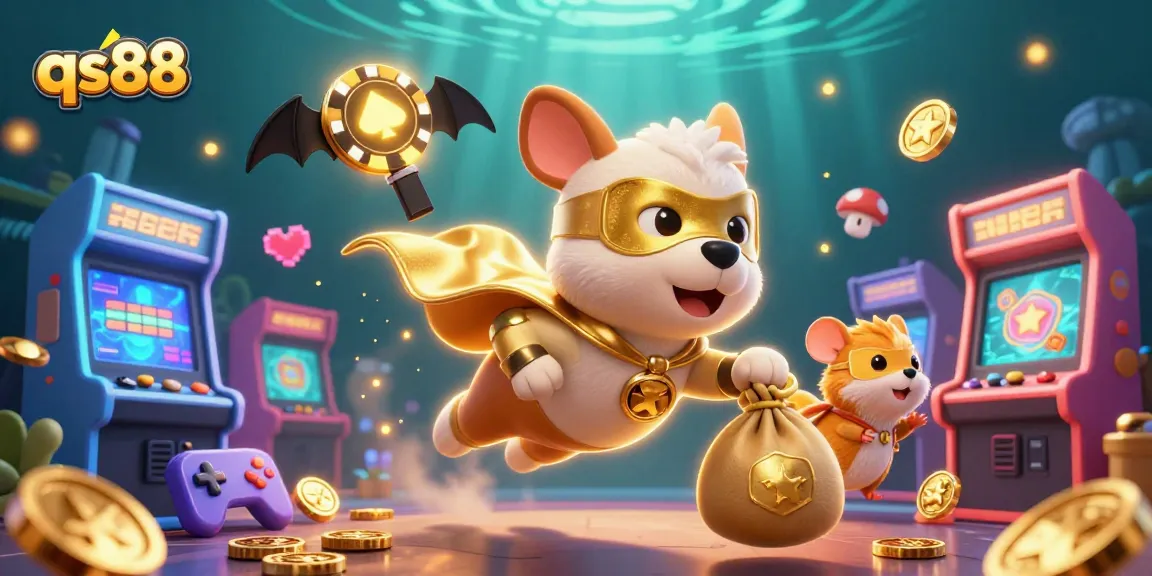 Engage in exciting games at qs88 with vibrant characters and casino elements swirling around.