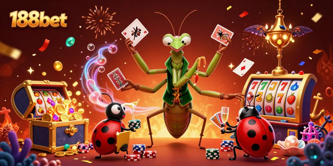 Join the excitement at 188bet with a vibrant casino scene featuring card sharp and ladybug pit boss.