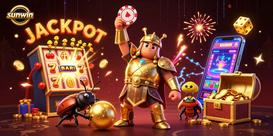Win big at sunwin with a victorious hercules beetle lifting a poker chip amidst dynamic casino elements.