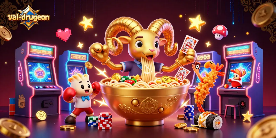 Spin the reels with val-drugeon in this vibrant gambling scene featuring playful characters and arcade elements.