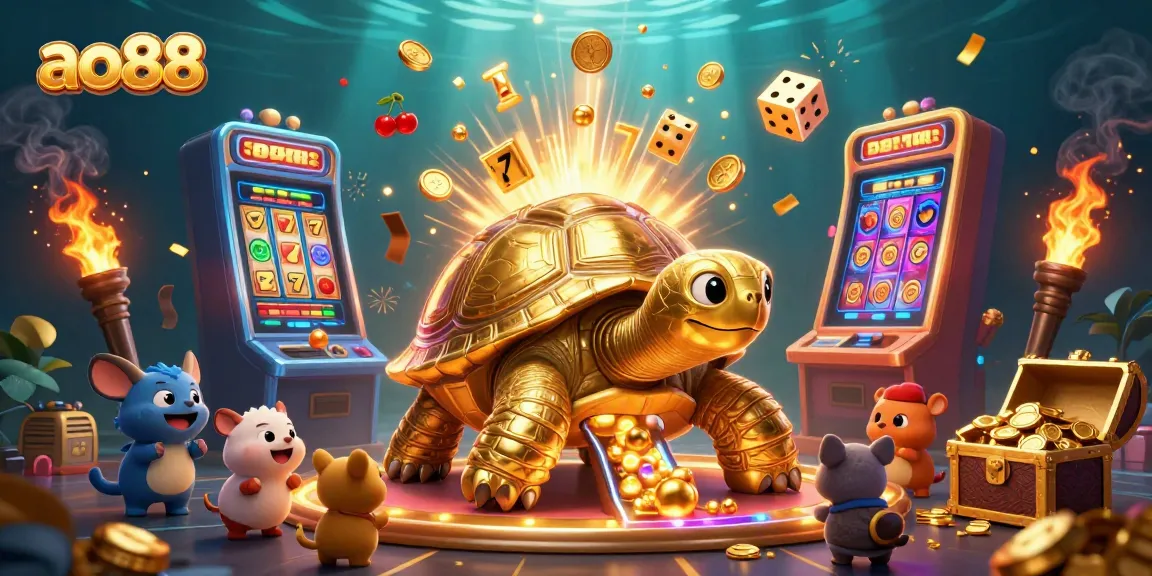 Join the excitement at ao88 with a colossal tortoise pinball machine surrounded by casino treasures.