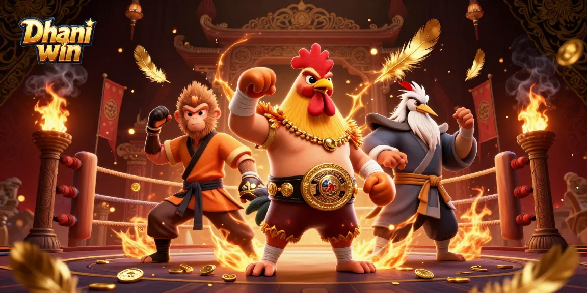 Dhani win showcases dynamic gameplay with a Muay Thai rooster fighting alongside a Shaolin monkey in a vibrant casino setting.