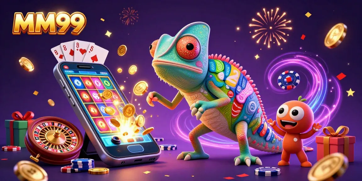 Spin to win at MM99 with the colorful chameleon casino owner in a vibrant casino atmosphere.