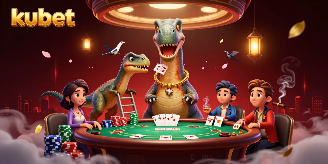 Experience thrilling poker action at kubet with a giant brontosaurus observing the game!