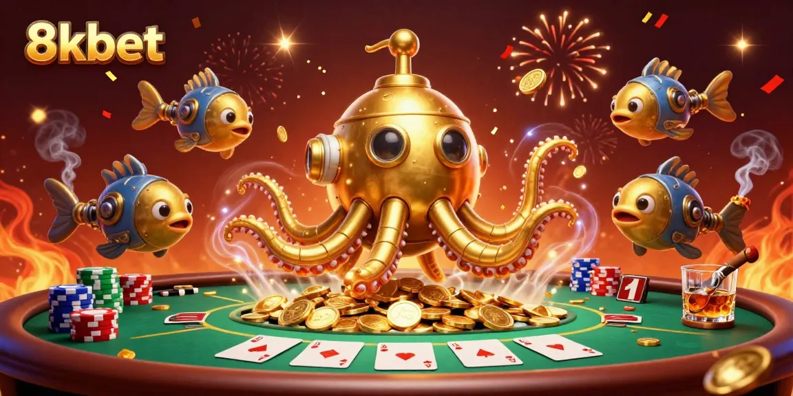 Experience the excitement of 8xbet with a 3D illustration of a golden kraken submarine amidst poker elements.