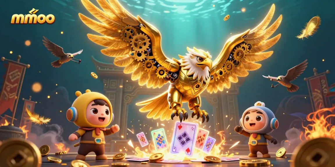 Experience thrilling gameplay at mmoo with a dynamic scene featuring cybernetic eagle and holographic cards.