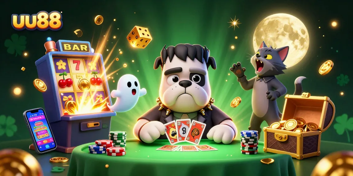 Play with uu88 in a spooky casino, featuring a Frankenstein bulldog dealer and gold jackpot excitement