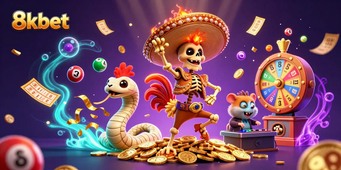 Play exciting games on 8xbet with vibrant scenes of lottery balls, coins, and lively characters.
