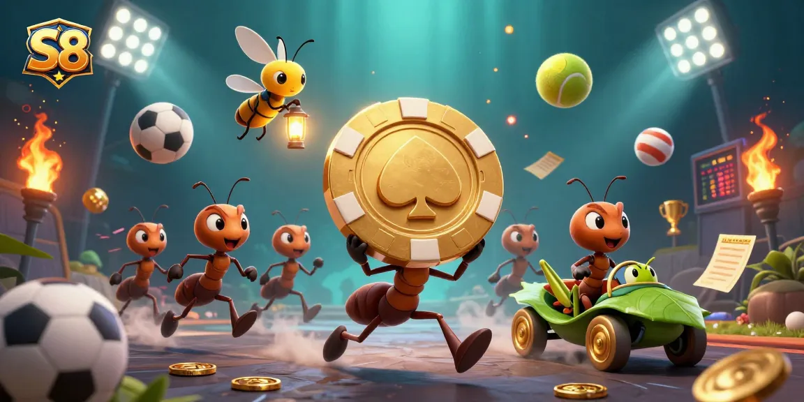 S8 showcases a dynamic team of ants on a heist, capturing attention with a golden poker chip.