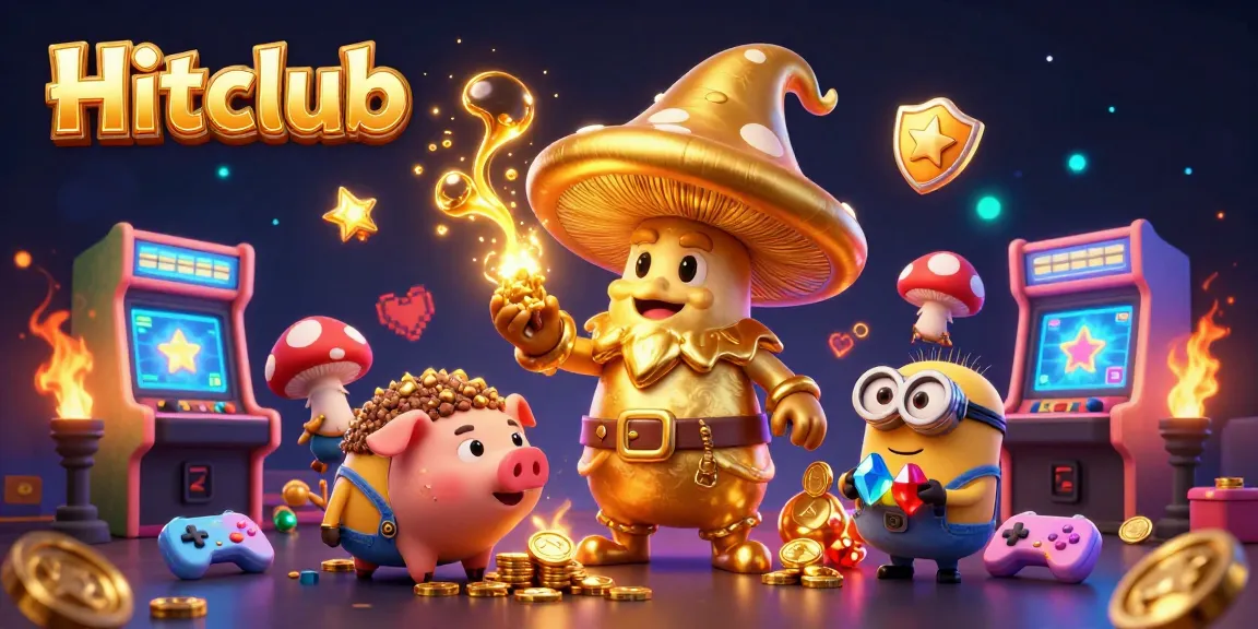 Experience the thrilling magic of Hitclub with an enchanting golden mushroom wizard and treasures in a vibrant casino scene.